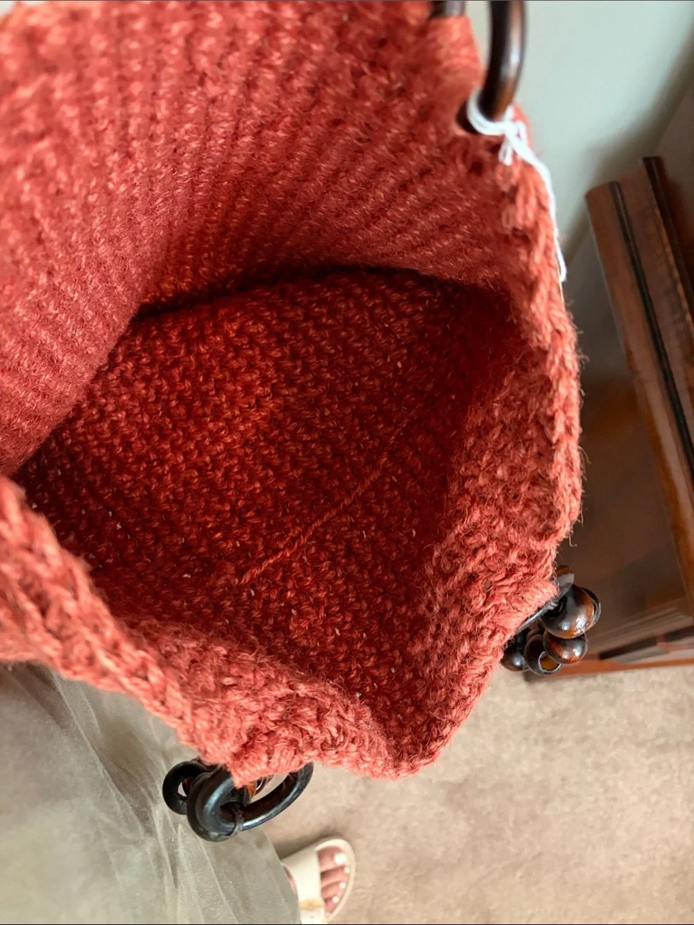 Woven Bead-Handle Tote Bag in rust color - Picture 3 of 3